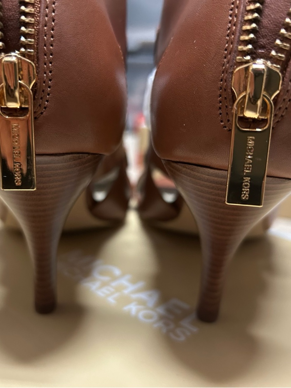 Michael Kors Brown Leather Multi-Strap Heeled Sandals with Gold Buckles - Picture 2 of 4